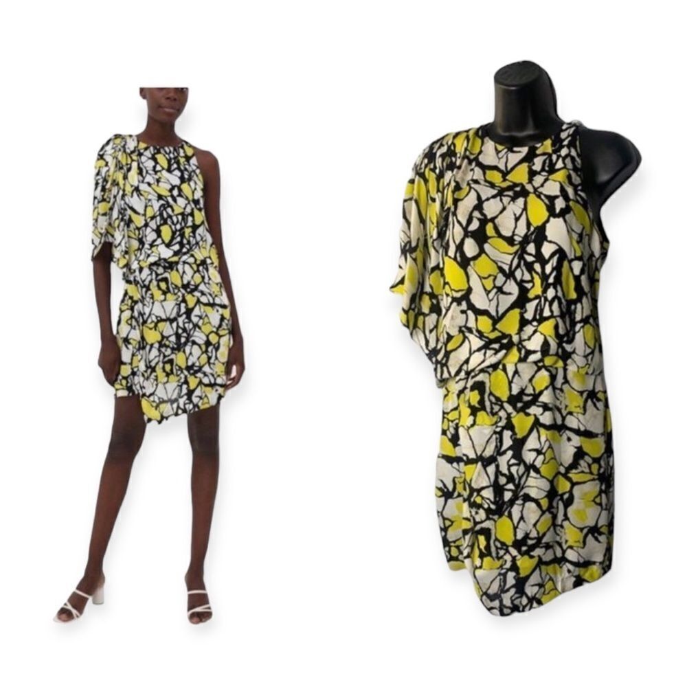 Robert Rodriguez Womens Dress Size 2 Silk One Shoulder Black & Yellow Abstract